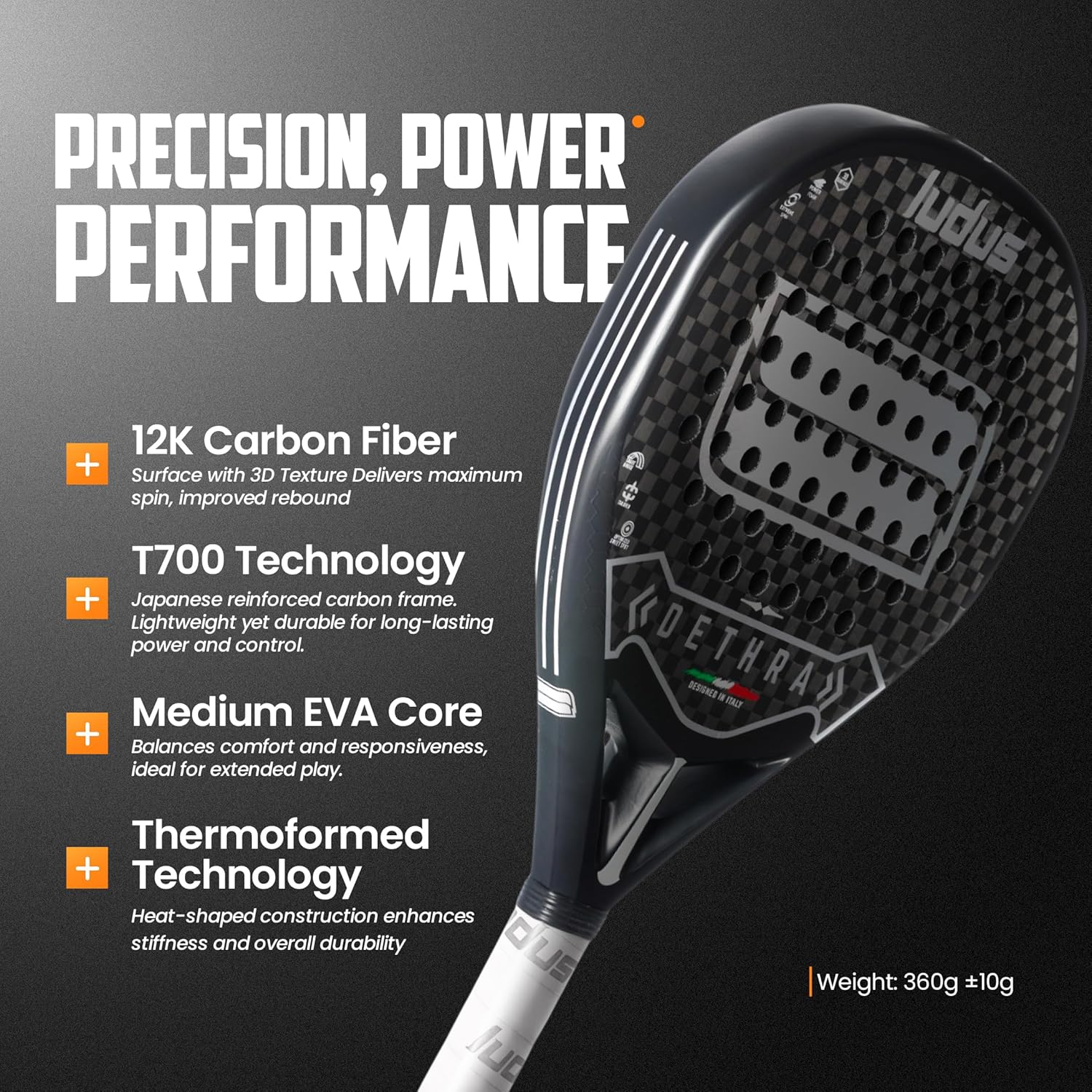 Racchetta da Padel 12K | 100% Fibra di Carbonio |Massima Controllo e Precisione - Struttura Leggera 360g-+ con EVA 15 17